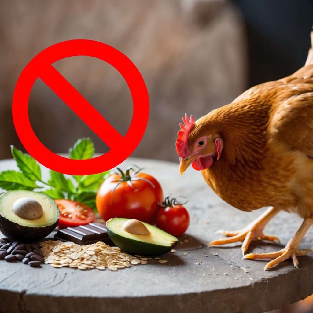 A visual guide listing various toxic foods that should not be fed to chickens, including avocado, chocolate, and raw potatoes.