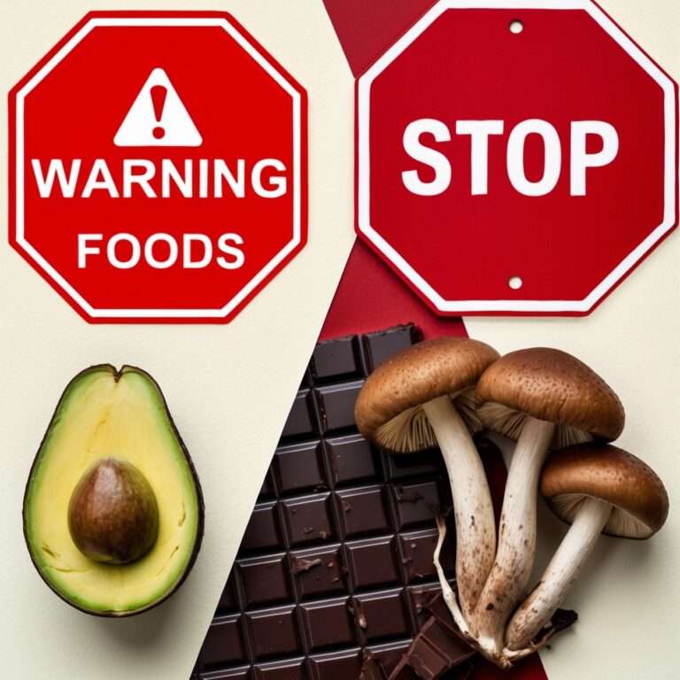 An infographic showing various common toxic foods that should be avoided when feeding chickens, such as avocado, chocolate, and raw potatoes.