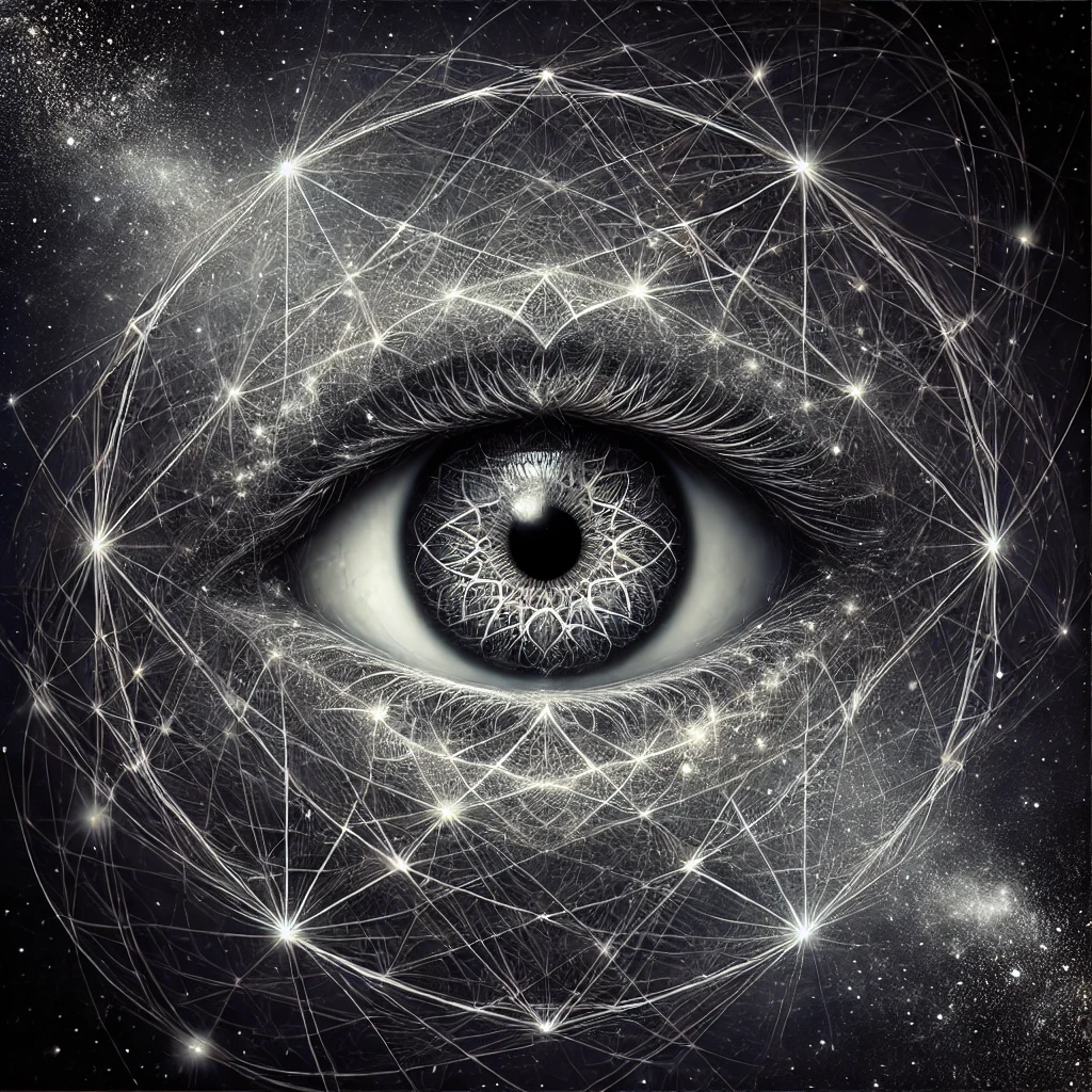 Hyper-realistic Paranoid Prophet logo with a central eye, stardust web, and galaxy-filled black background symbolizing cosmic knowledge and hidden truths.