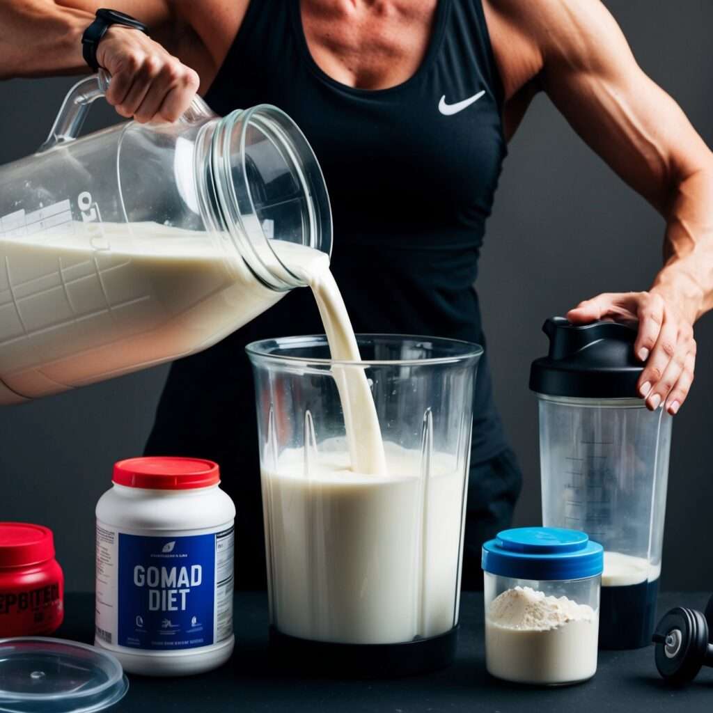 A person preparing a meal for the GOMAD diet, with milk as a key ingredient for muscle growth and high-calorie intake.