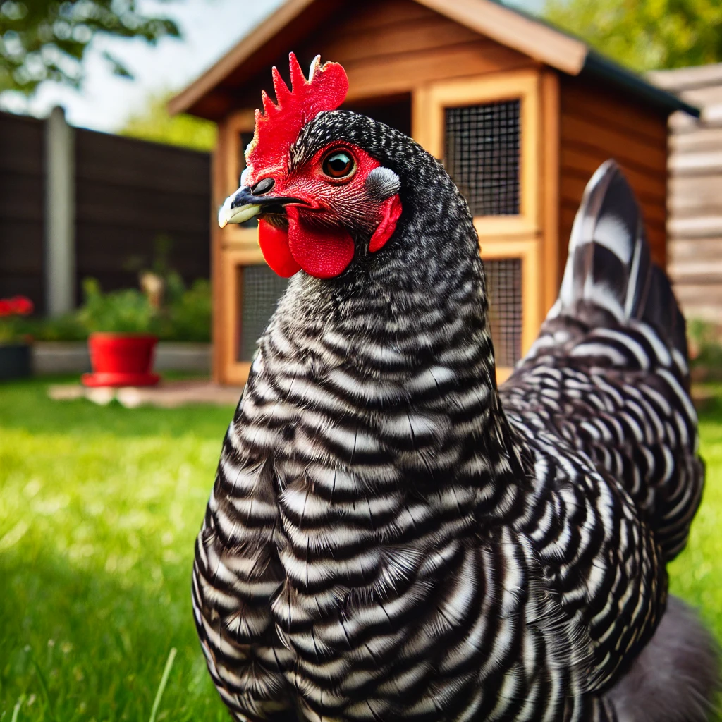 "Plymouth Barred Rock chicken with black and white barred feathers standing in a green backyard."
