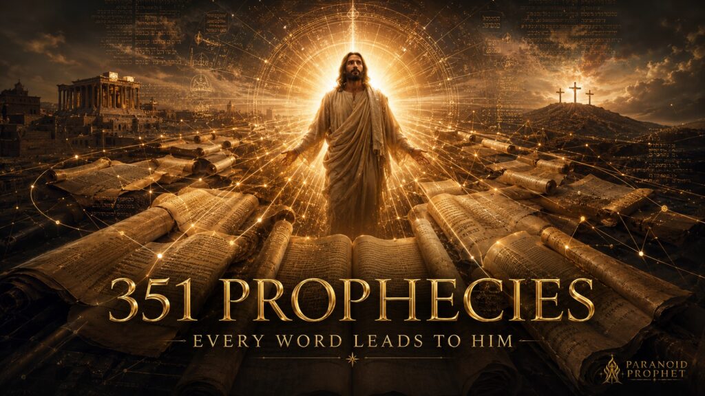 Jesus Christ stands in golden light as ancient Scripture scrolls converge toward Him, symbolizing 351 prophecies of Jesus fulfilled in Scripture.