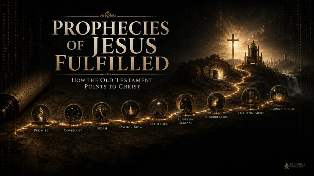 Featured image for an article about prophecies of Jesus fulfilled, showing a prophetic Scripture path from Old Testament promise to Christ, the cross, resurrection, throne, and coming kingdom.