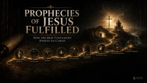 Featured image for an article about prophecies of Jesus fulfilled, showing a prophetic Scripture path from Old Testament promise to Christ, the cross, resurrection, throne, and coming kingdom.