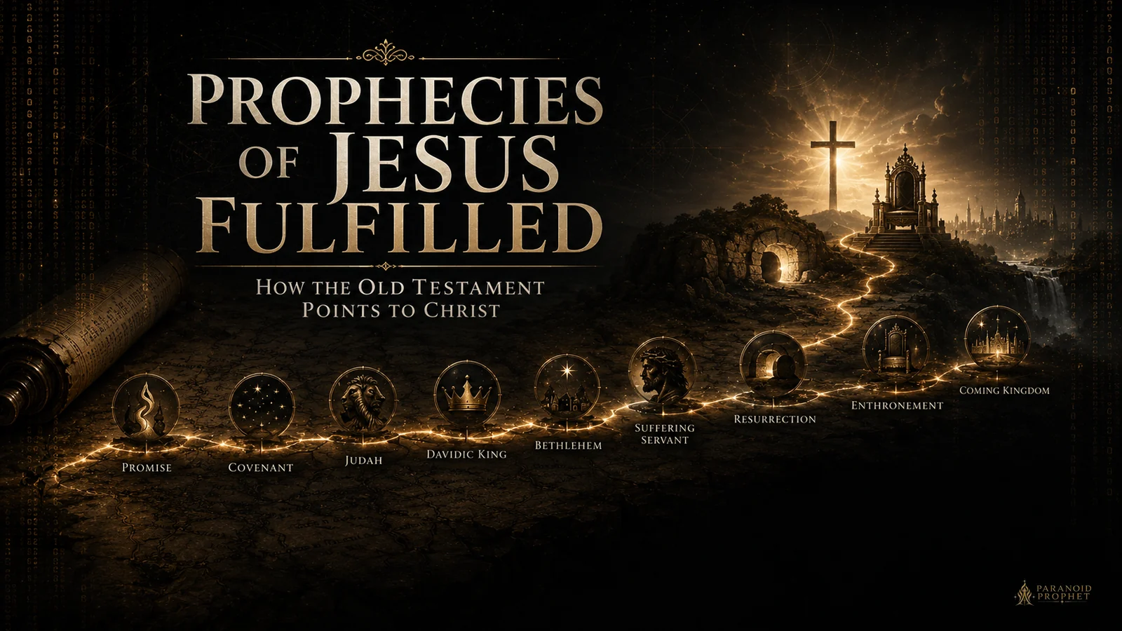 Featured image for an article about prophecies of Jesus fulfilled, showing a prophetic Scripture path from Old Testament promise to Christ, the cross, resurrection, throne, and coming kingdom.