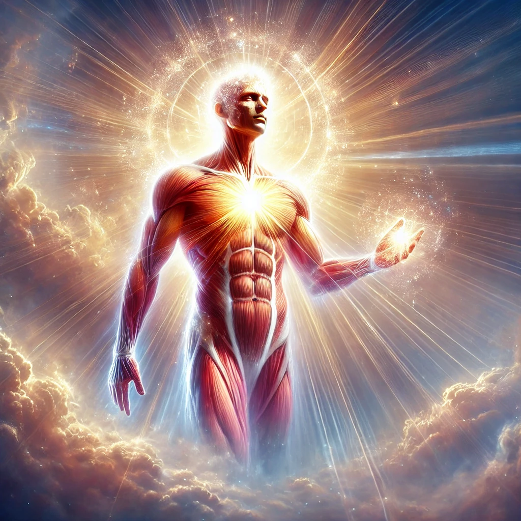  A depiction of a resurrected heavenly body based on biblical descriptions, showing a human figure with a tangible, flesh-like appearance, radiating divine glory and eternal vitality in a serene heavenly setting.