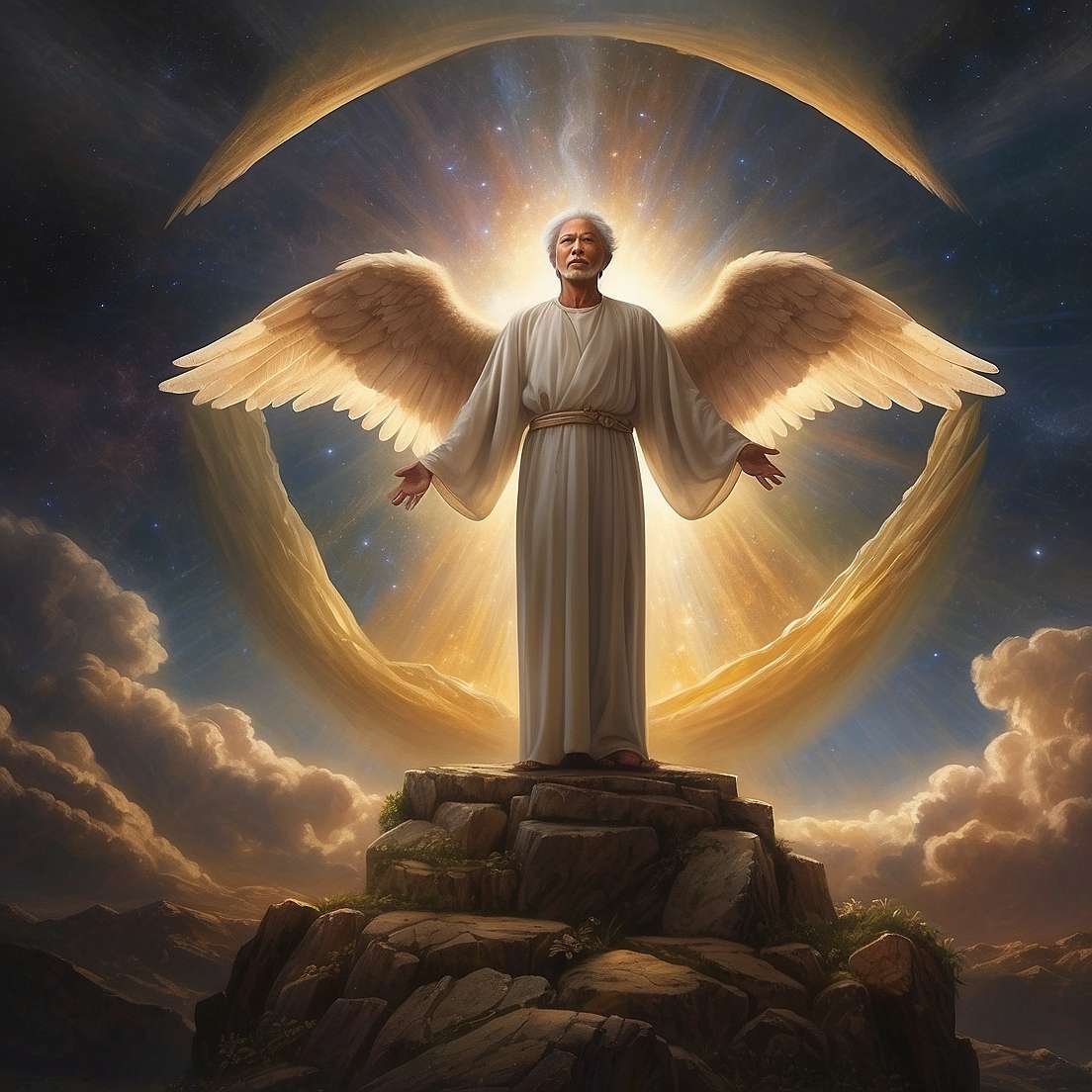 A depiction of a heavenly figure representing the resurrected body, standing on a rocky peak, illuminated by radiant celestial light, showcasing perfection, strength, and divine glory.