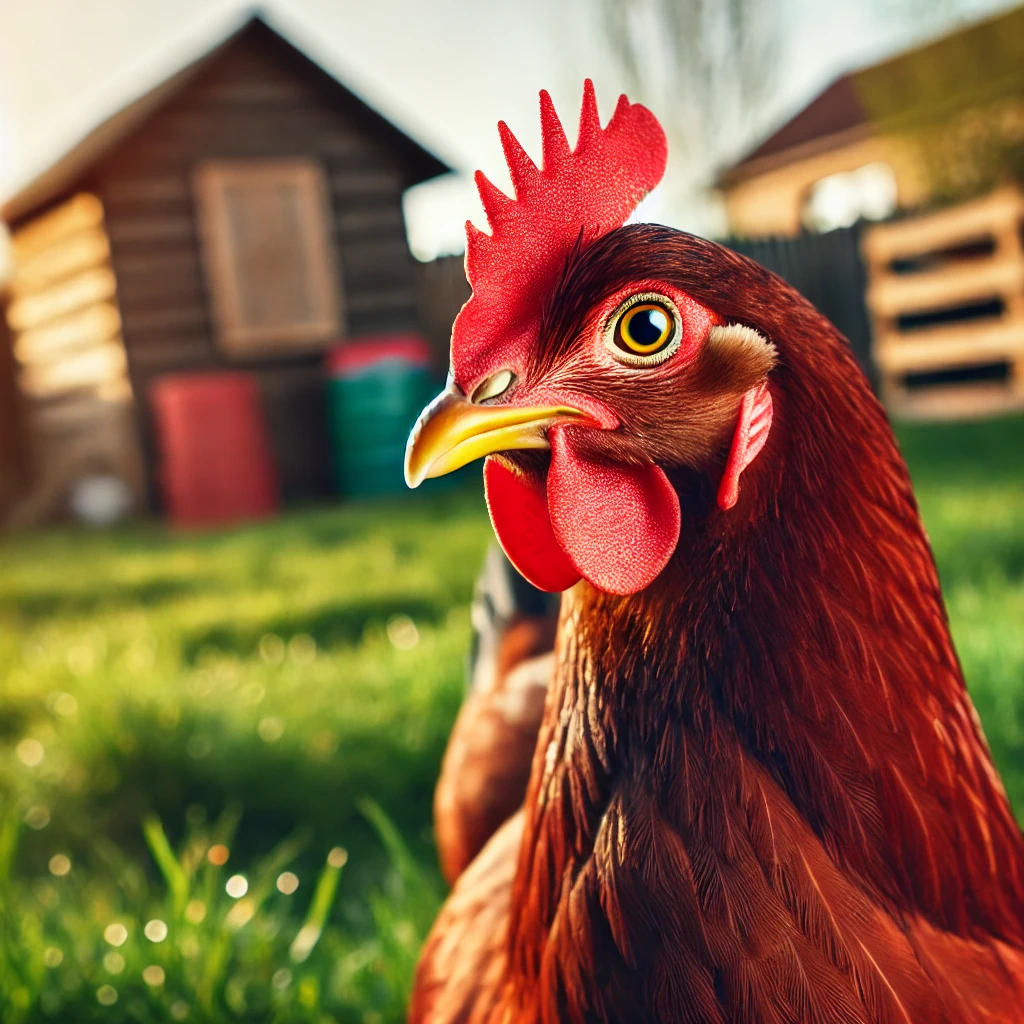 "Rhode Island Red chicken with reddish-brown feathers in a backyard, showcasing its hardy and beginner-friendly traits."