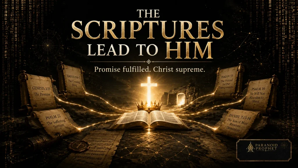 Closing banner for an article on the prophecies of Jesus, showing Scripture scrolls, prophetic threads, an open Bible, a cross, crown, and resurrection light converging on Christ.