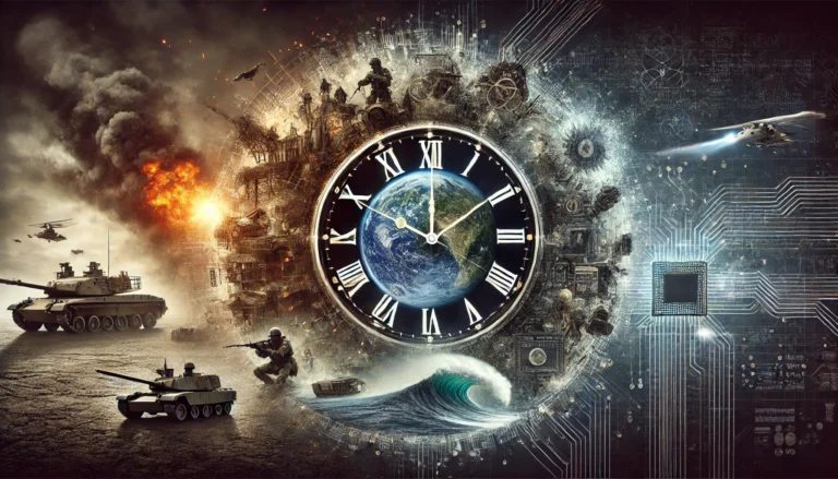 Signs of the Second Coming of Jesus represented by apocalyptic imagery.. Large clock face against a stormy sky, symbolizing urgency and the approach of the Second Coming of Jesus.