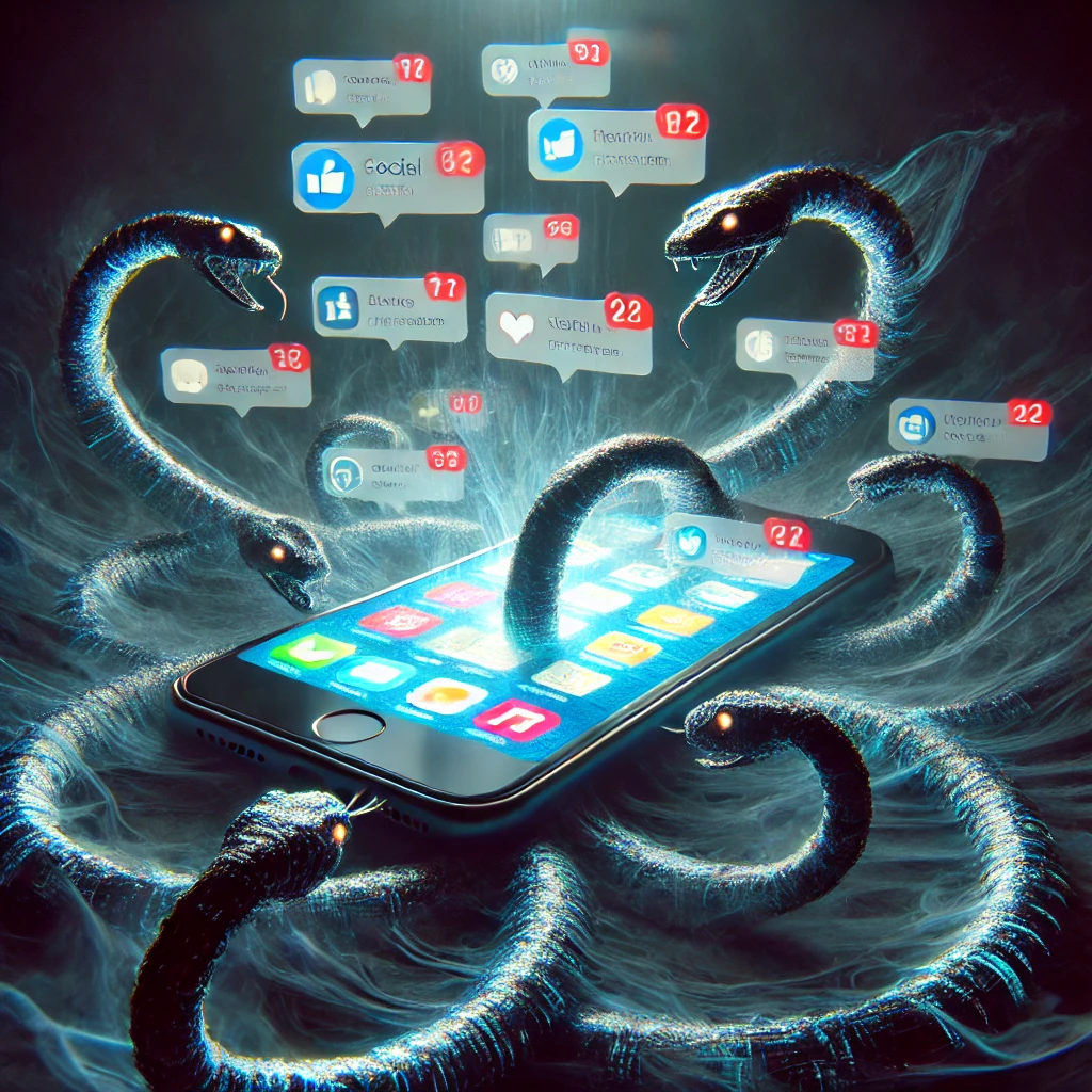 A glowing smartphone with notifications slithering like serpents made of glitching code, showing social media alerts and ads mimicking digital temptation.