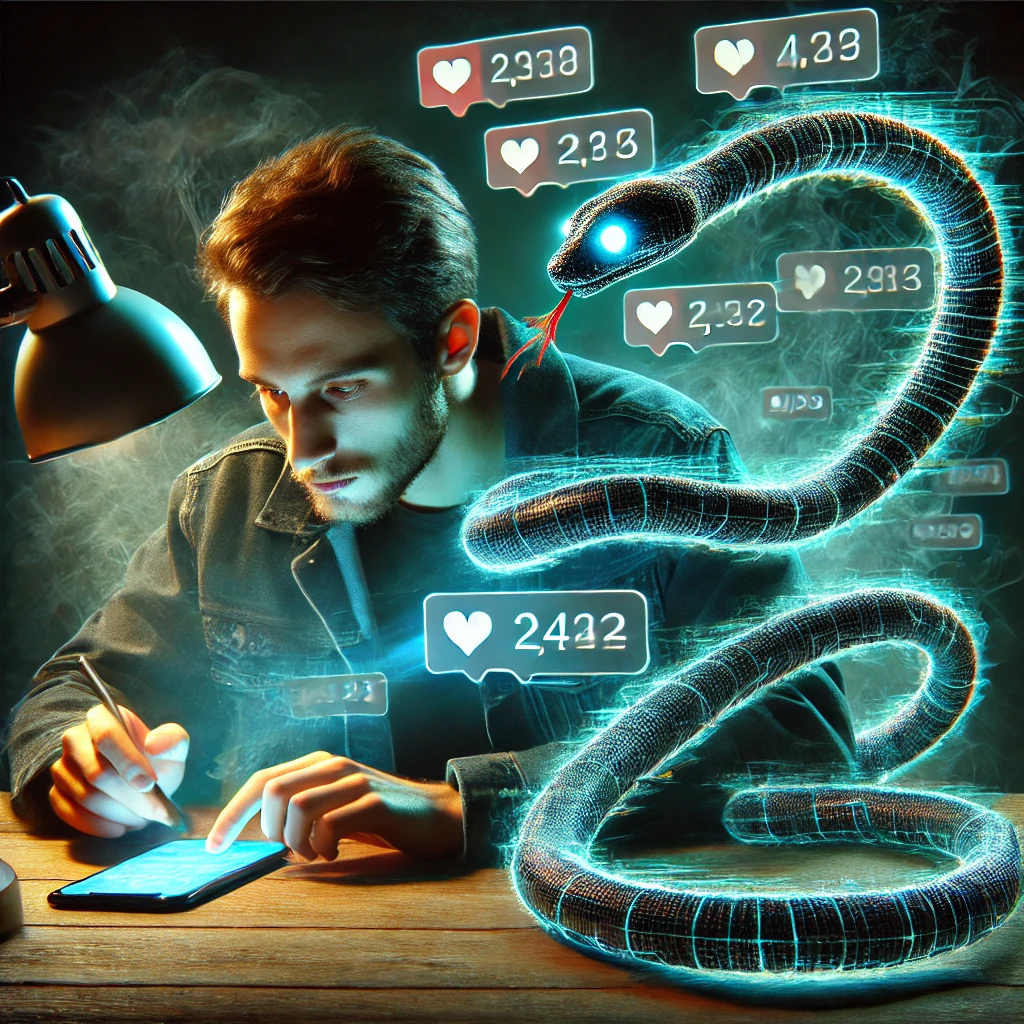 A person working at a desk, with notification-serpents slithering from a smartphone and wrapping around their arm, symbolizing distraction and temptation.