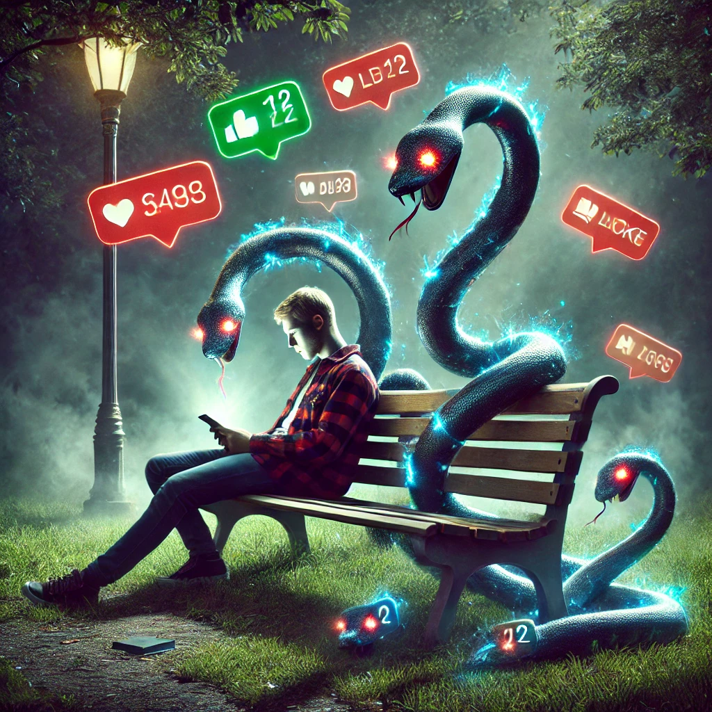 A person reading on a park bench, with serpent-like notifications slithering from a smartphone, symbolizing modern temptation and distraction.