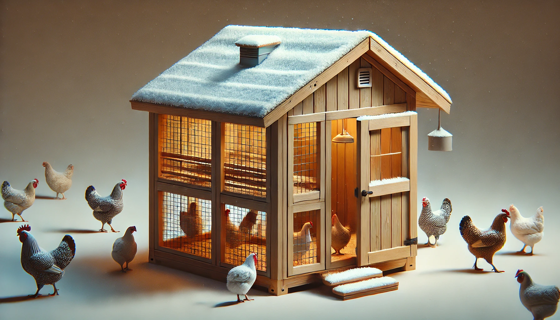 Simple winter chicken coop design with insulation, slanted roof, and roosting bar for chickens during winter.