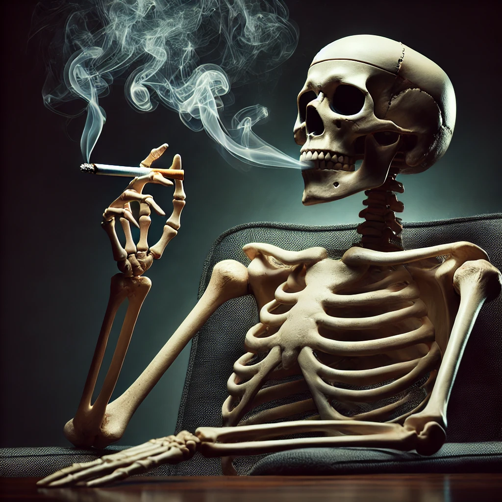 Humorous and dark depiction of a human skeleton casually smoking a cigarette, symbolizing the health risks and destructive nature of nicotine