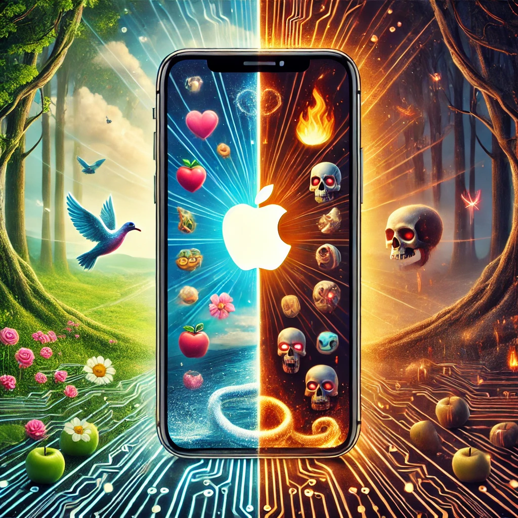 A smartphone divided into halves—one with symbols of life and virtue, the other with images of sin and destruction, with a glowing bitten apple logo at the center.
