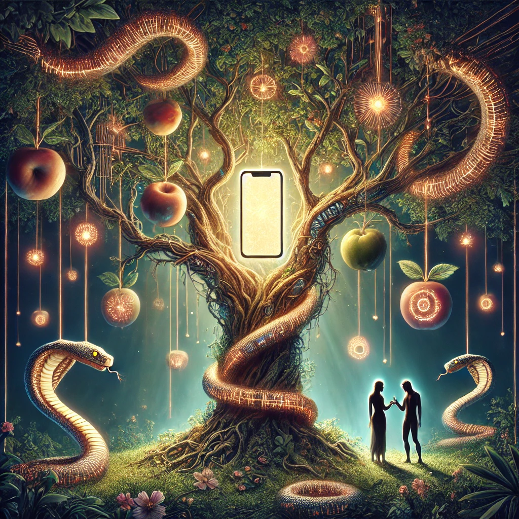 A smartphone lock screen with a glowing notification reading "Knowledge of Good and Evil Unlocked," surrounded by both uplifting and disturbing imagery, with digital snakes creeping along the edges.