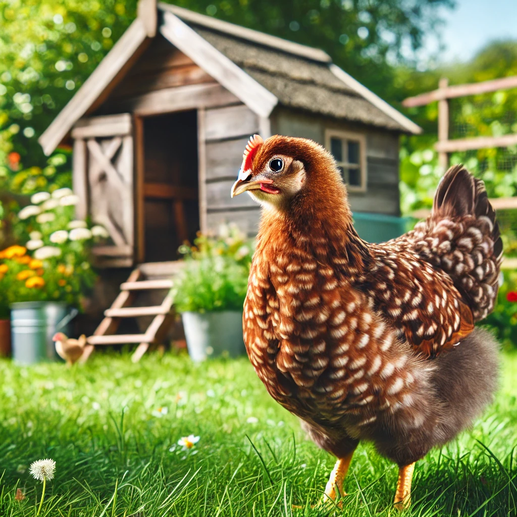 "Speckled Sussex chicken with brown and white speckled feathers in a green backyard near a wooden coop."

