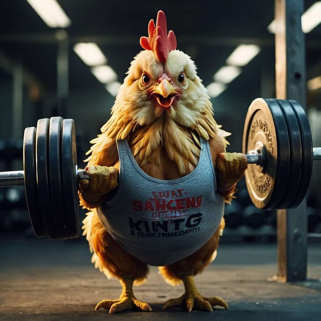 "A humorous cartoon-style image of a chicken in a gym holding a heavy barbell across its shoulders. The chicken wears a gray tank top with bold text and stands confidently in the gym environment, surrounded by workout equipment. Its determined expression and feathered physique add a comedic touch to this fitness-themed meme."