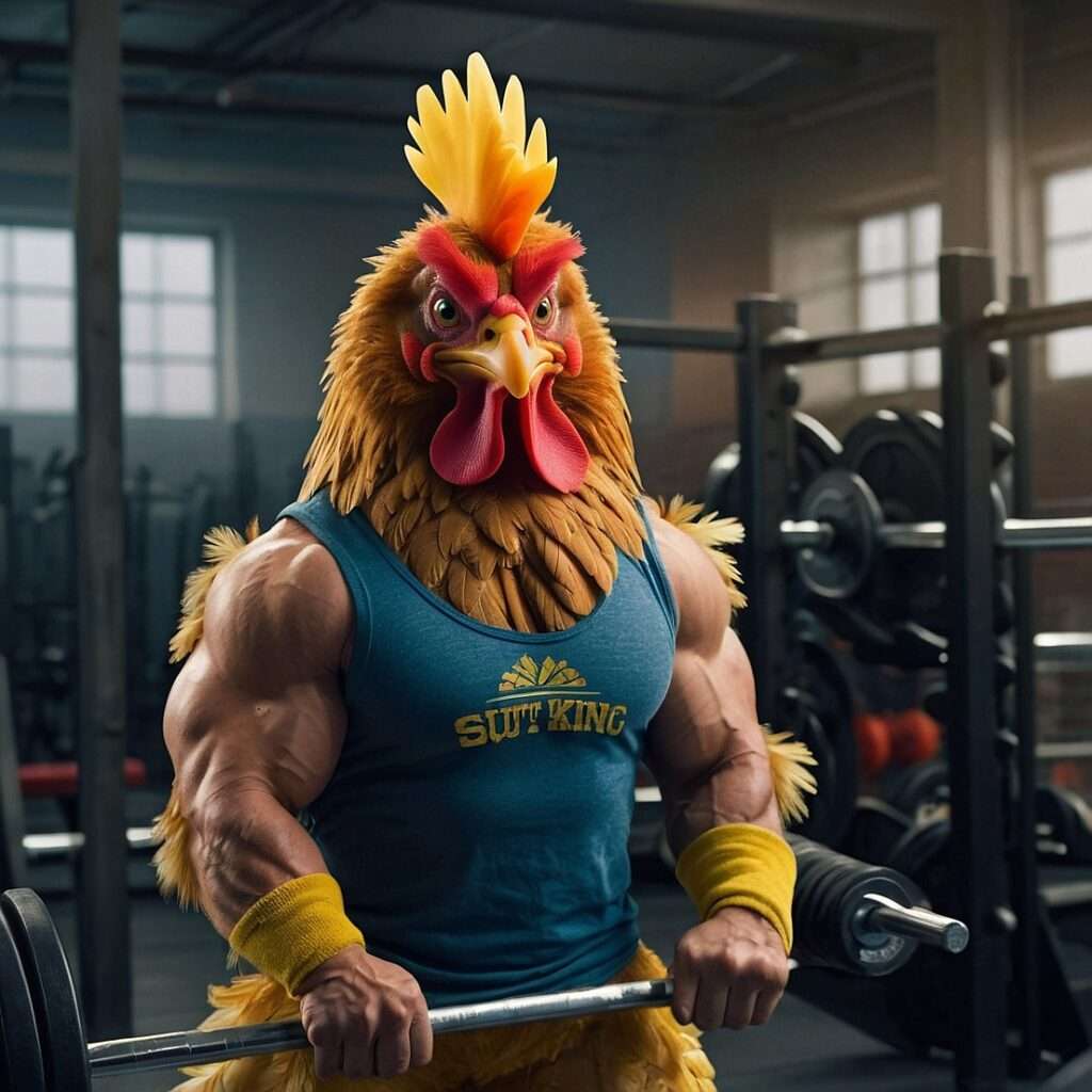 "A funny cartoon-style illustration of a chicken in a gym, showcasing a muscular upper body while gripping a barbell. The chicken wears a blue tank top with 'Squat King' printed on it, along with yellow wristbands, emphasizing its fitness dedication. The gym background includes weight racks and equipment, adding a realistic touch to this humorous fitness meme."

