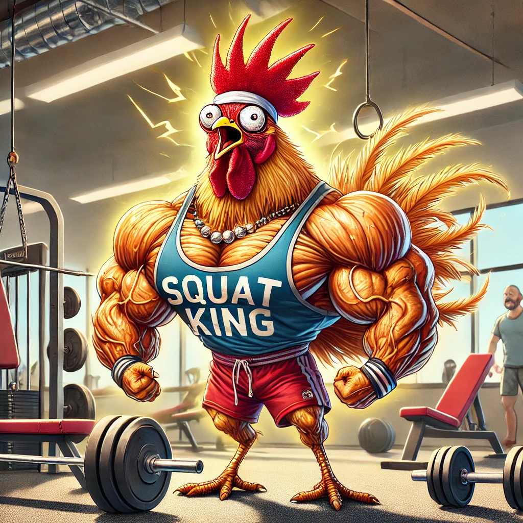 "A funny cartoon-style illustration of a chicken in a gym with an exaggerated muscular upper body and scrawny legs. The chicken is wearing a bright blue tank top that says 'Squat King' and stands confidently in a gym setting. Gym-goers in the background applaud in amazement while surrounded by workout equipment such as dumbbells and benches, adding to the humor of this leg day-themed meme."

