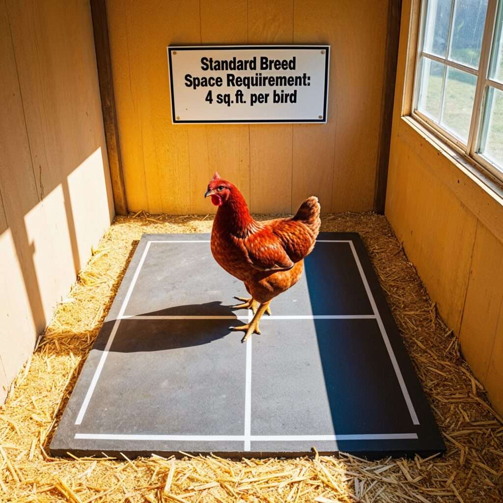 A Rhode Island Red chicken in a coop marked with 4 square feet of space per bird, showing the standard breed space requirement.