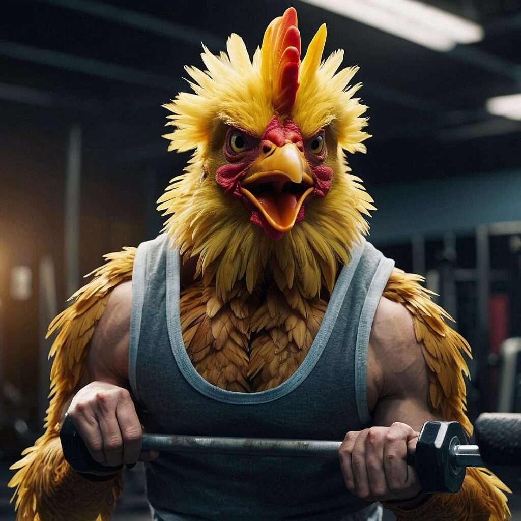 "A funny cartoon-style image of a buff chicken in a gym setting. The chicken has a muscular upper body, intense glowing feathers resembling a Super Saiyan transformation, and a determined expression. It wears a gray tank top while gripping a barbell, showcasing its strength. The gym environment includes dim lighting and fitness equipment in the background, adding to the humorous fitness vibe."