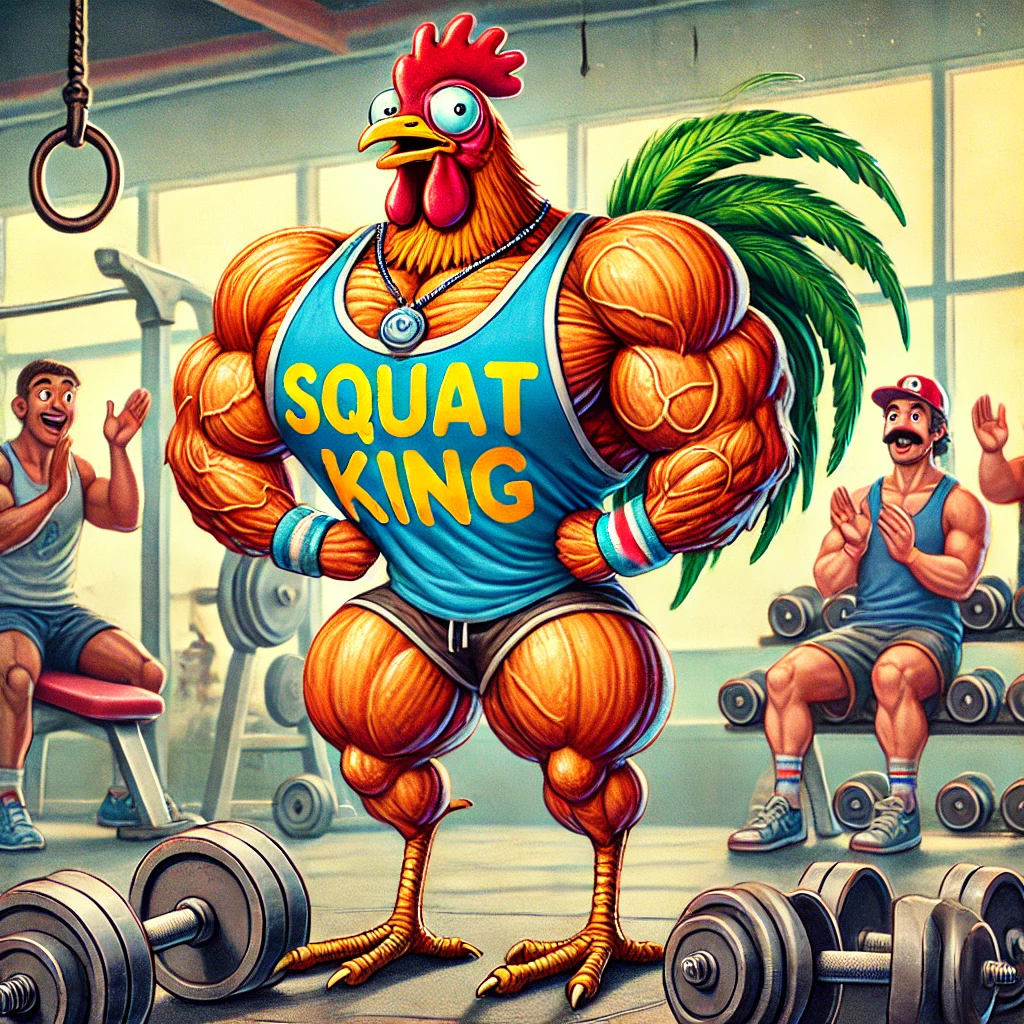 "A funny cartoon-style illustration of a chicken with an extremely ripped upper body and hilariously scrawny legs in a gym setting. The chicken has glowing, spiked feathers resembling a Super Saiyan transformation, and it wears a tank top that says 'Squat King.' The chicken stands confidently while holding a barbell, surrounded by gym equipment and amazed gym-goers."

