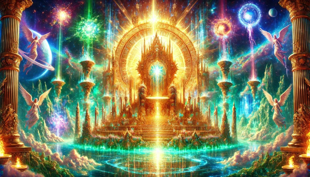 "Hyper-detailed depiction of the Throne of the Kingdom of Heaven based on Revelation. The golden throne is adorned with intricate patterns, surrounded by an emerald rainbow halo. The Sea of Glass lies before it, with lightning flashing from the throne and the River of Life flowing beneath. Seven lamps of fire burn around it, and the throne is encircled by angelic beings and the Four Living Creatures—a lion, an ox, a human-faced figure, and an eagle, each with six wings and eyes."