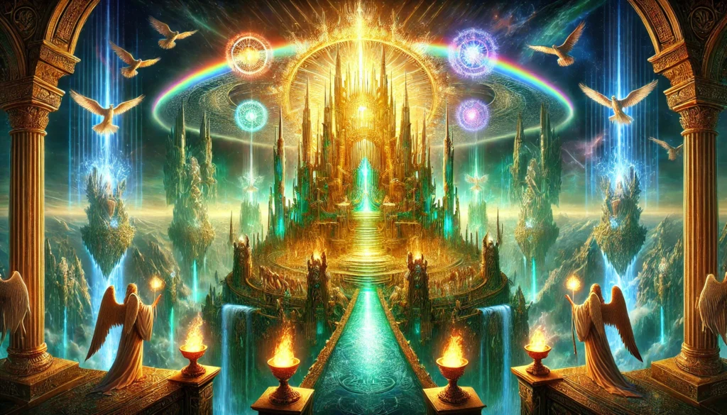 "New perspective of the Throne of the Kingdom of Heaven from a lower angle, capturing its towering golden structure adorned with intricate carvings. An emerald rainbow forms a radiant halo around the throne, with the Sea of Glass reflecting divine light. The River of Life flows from beneath, surrounded by seven lamps of fire symbolizing the seven spirits of God. Lightning arcs through the sky, and the throne is encircled by angelic beings and the Four Living Creatures—a lion, ox, human-faced figure, and eagle—covered with glowing eyes."