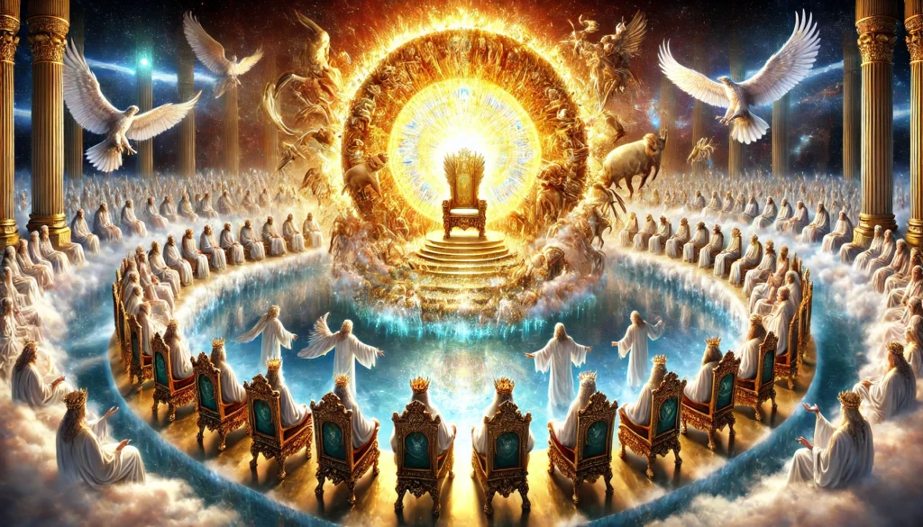 Throne of Heaven as described in the Book of Revelation, featuring a golden throne, emerald rainbow, sea of glass, twenty-four elders, four living creatures, and the river of life.