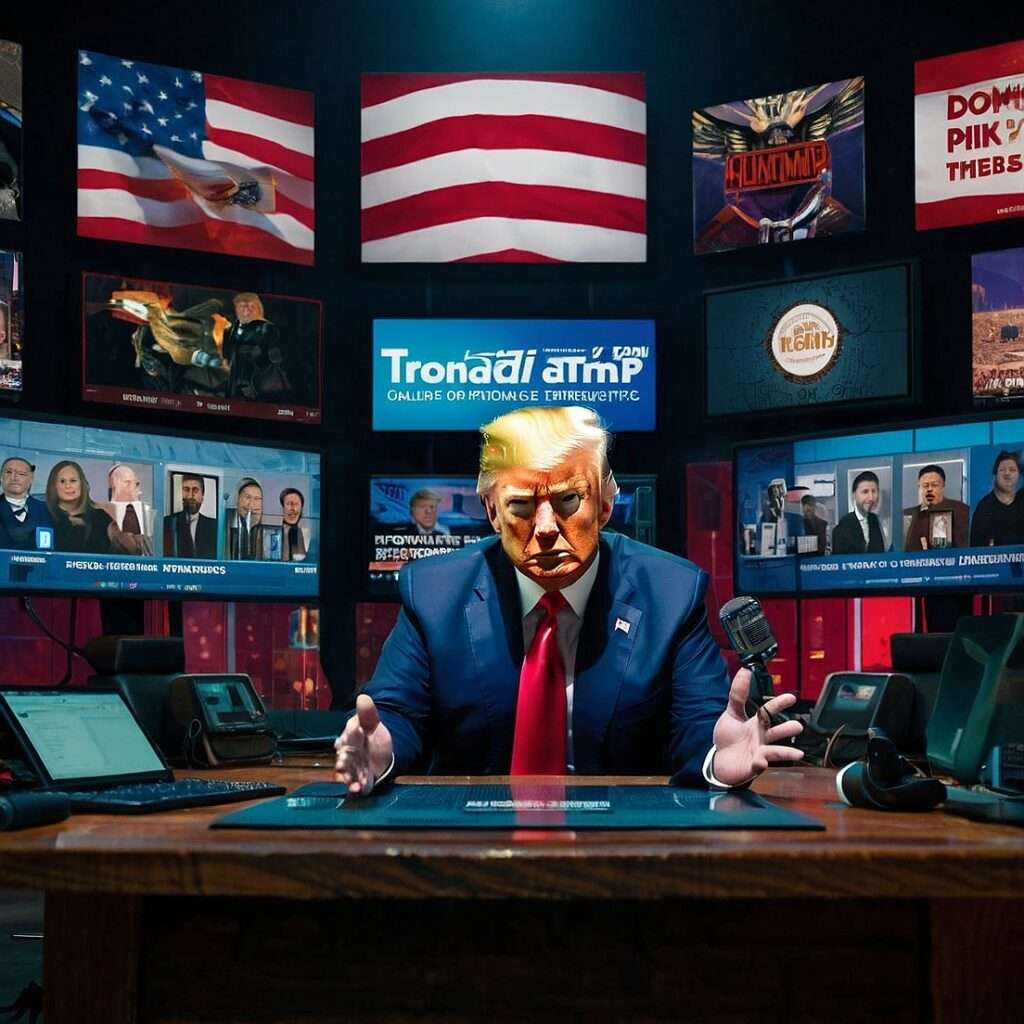 "Donald Trump at a desk with multiple monitors representing his 2024 media and interview blitz."