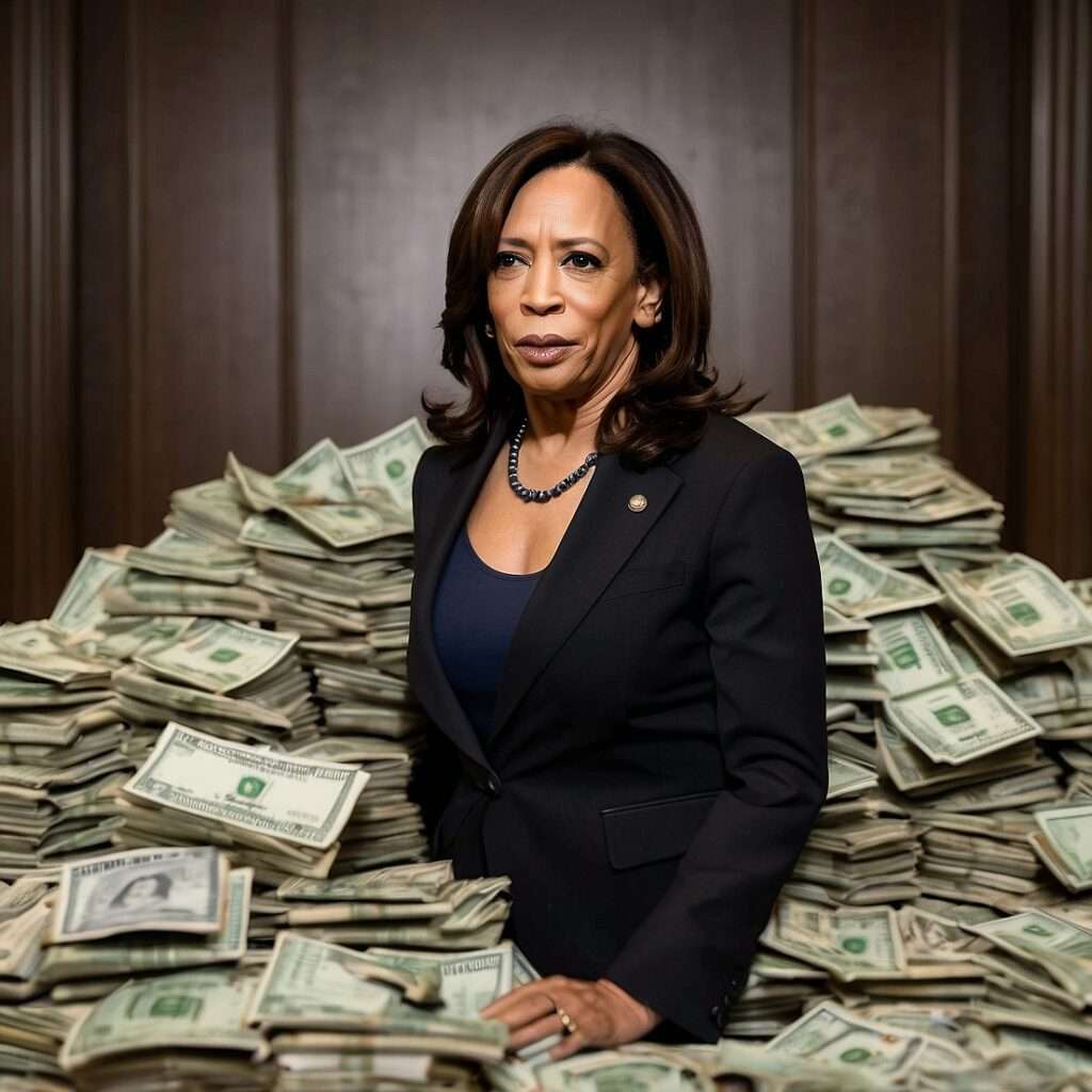 Kamala Harris with money, representing financial influence in her 2024 election campaign and media portrayal.