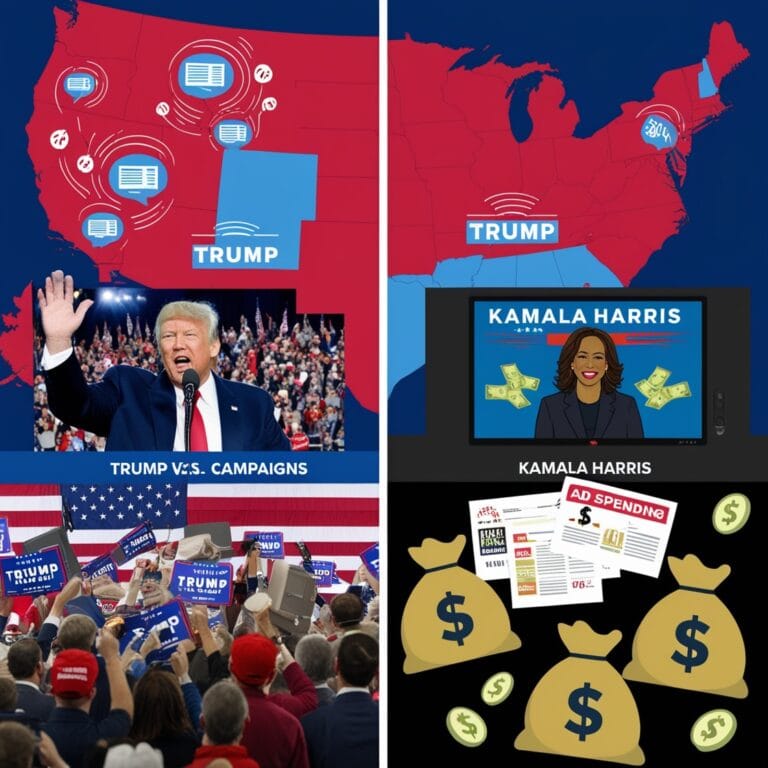 Illustration comparing Donald Trump’s earned media strategy with Kamala Harris’s ad spending campaign in the 2024 election.