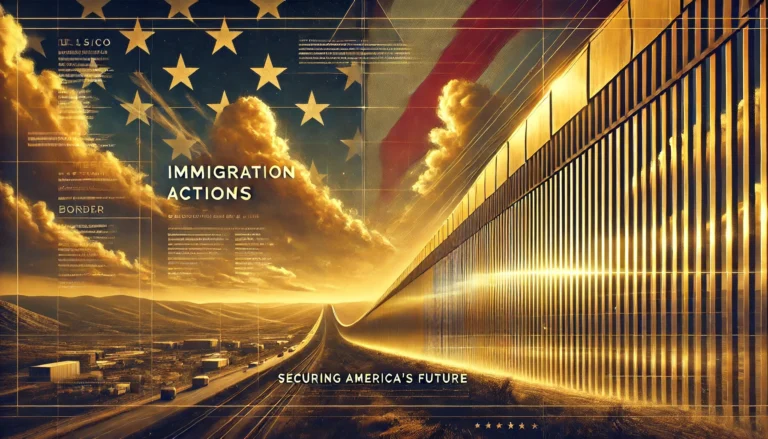 "A glowing U.S.-Mexico border wall at sunset, reflecting golden light, with an American flag overlay and the text 'Immigration Actions: Securing America’s Future.'"