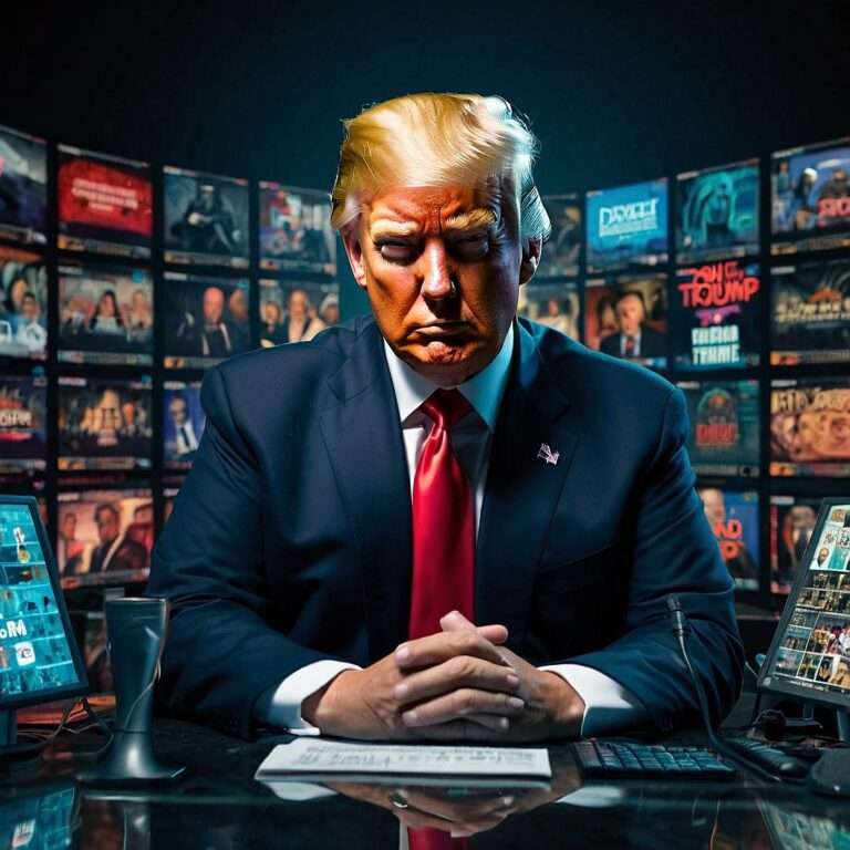 "Donald Trump surrounded by screens showcasing his 2024 interview and media appearances, highlighting his campaign's media strategy."