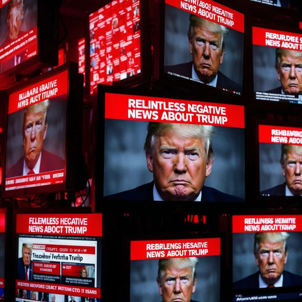 Negative media coverage of Donald Trump displayed on TV screens, representing the media’s portrayal of Trump in the 2024 U.S. Election.