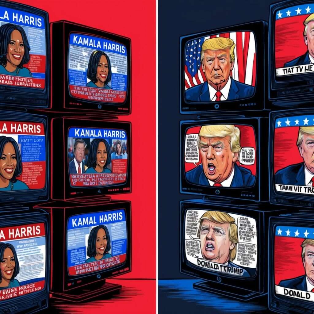 Media coverage comparison of Trump and Harris in the 2024 U.S. Election, showcasing contrasting narratives in the media.