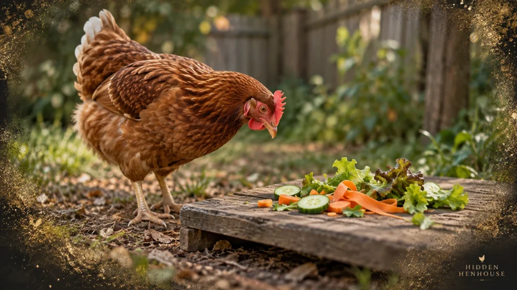 Brown hen investigating cucumber slices, carrot trimmings and lettuce on a low wooden board in a backyard.
