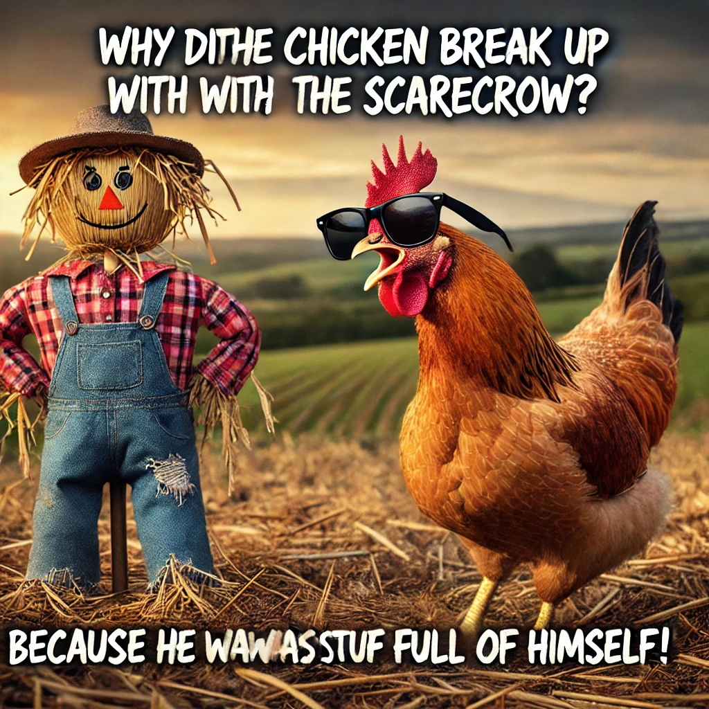 "Funny autumn meme with a chicken leaving a full-of-himself scarecrow among pumpkins and leaves."