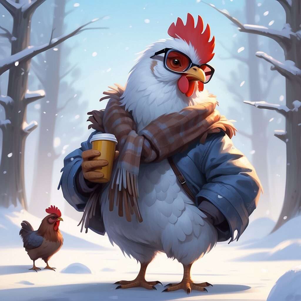 Cartoon-style illustration of a chicken in the snow with dense, fluffy feathers, humorously displaying its built-in winter coat with the caption "I’ve got the ultimate built-in coat!"

