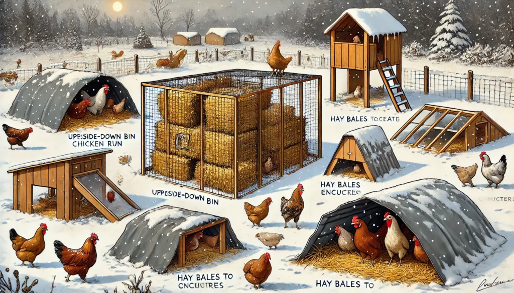 Winter chicken run with various shelters including upside-down bins, hay bales stacked for wind protection, and A-frame shelters with chickens taking shelter