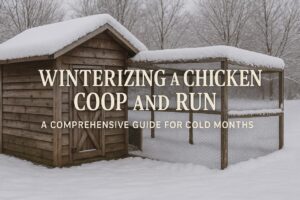 A snow-covered chicken coop and outdoor run with text overlay about winterizing a chicken coop and run for cold weather care.