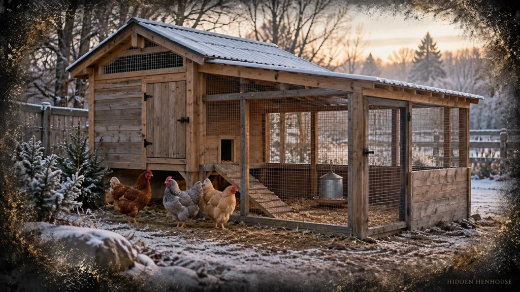 Three hens in front of a wooden backyard chicken coop and roofed run with light snow around the sheltered ground.