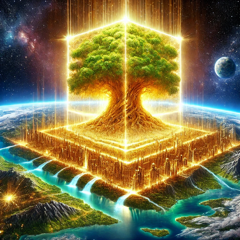 "Cosmic view of the New Jerusalem, a golden cube 1,400 miles in size, with an organic Tree of Life spanning the crystal-clear River of Life. The scene captures the biblical vision of Revelation 22:2."

