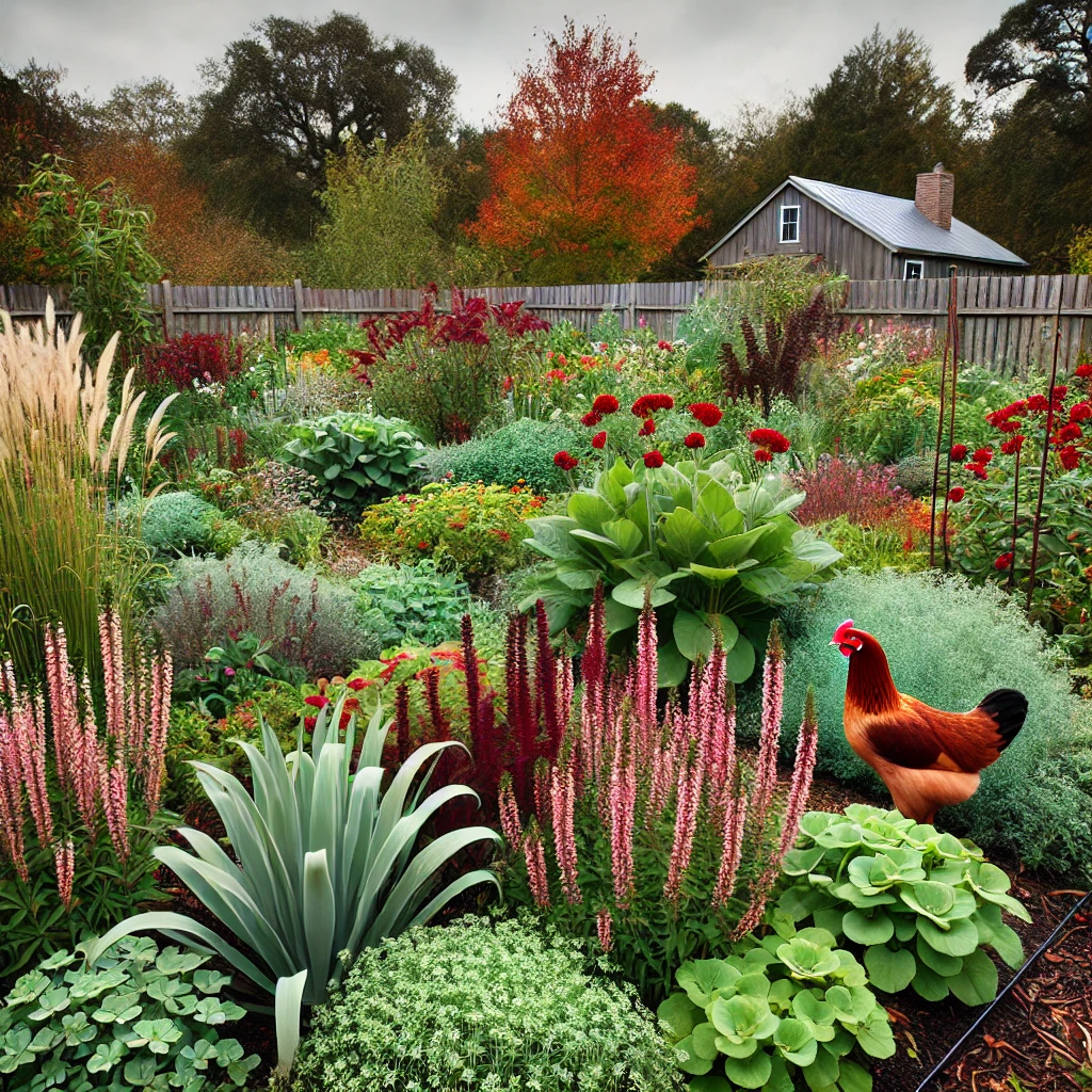 Southeastern garden with winter cover crops for soil health and chicken forage, featuring rye, clover, and winter peas.