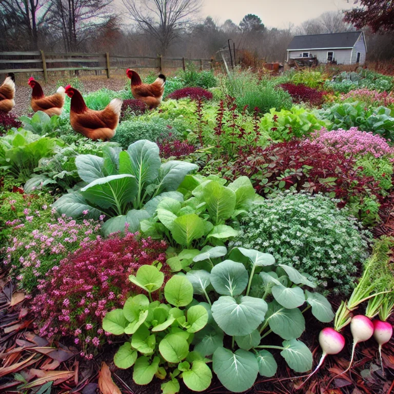 Southeast garden with mixed winter cover crops for soil health and chicken foraging, including rye, clover, and peas.