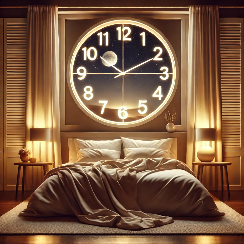 A cozy bedroom with warm lighting, a clock showing 10 p.m., and a night sky visible outside the window.