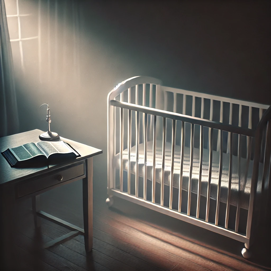 "An empty crib with a Bible on a nearby table, symbolizing the eternal consequences of abortion and the sanctity of life."