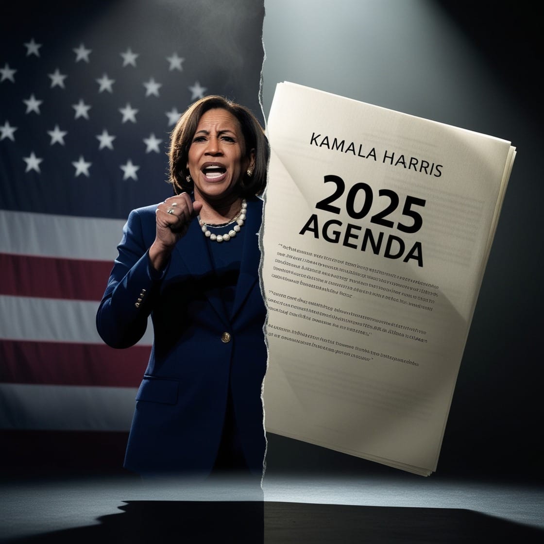 An image of Kamala Harris speaking passionately beside a hazy document labeled “2025 Agenda,” symbolizing a strategic political narrative.